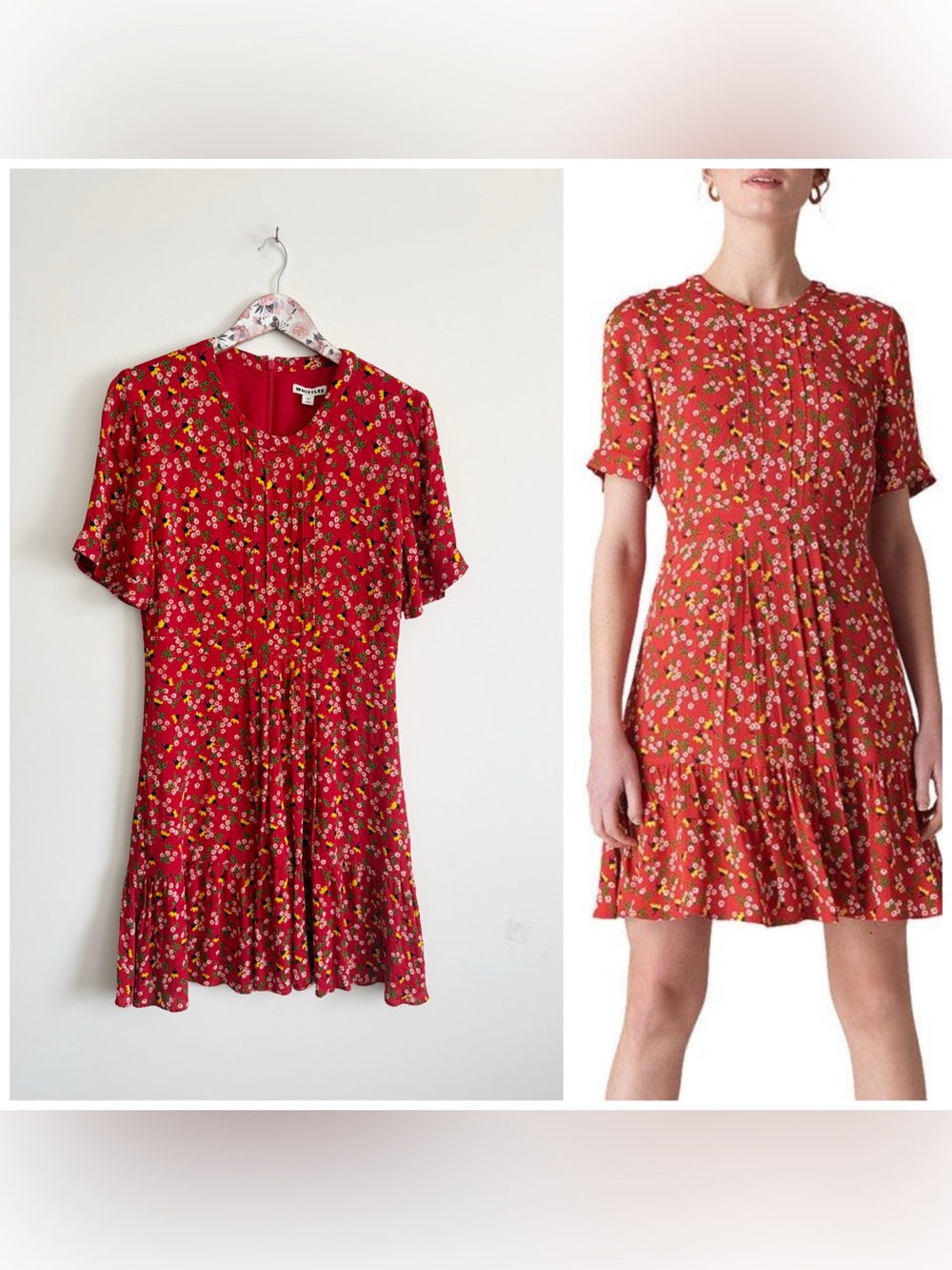 WHISTLES Red Peony Print Pleated Dress Size 10 Knee Length Short Sleeve